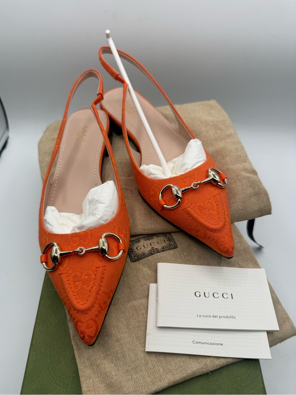 Brand new Gucci Orange Slingback Horsebit Pointed Toe Flats full inclusion